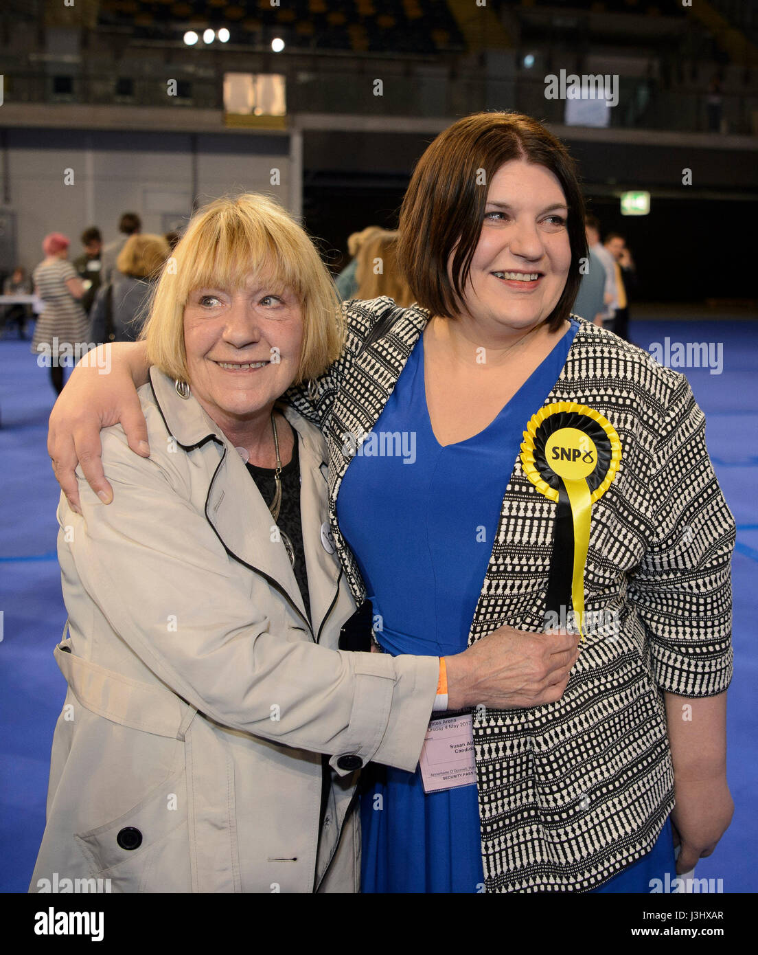 Susan Aitken SNP with her mum Doris (left) after the results of the local elections are announced at the Emirates Stadium in Glasgow. Stock Photo