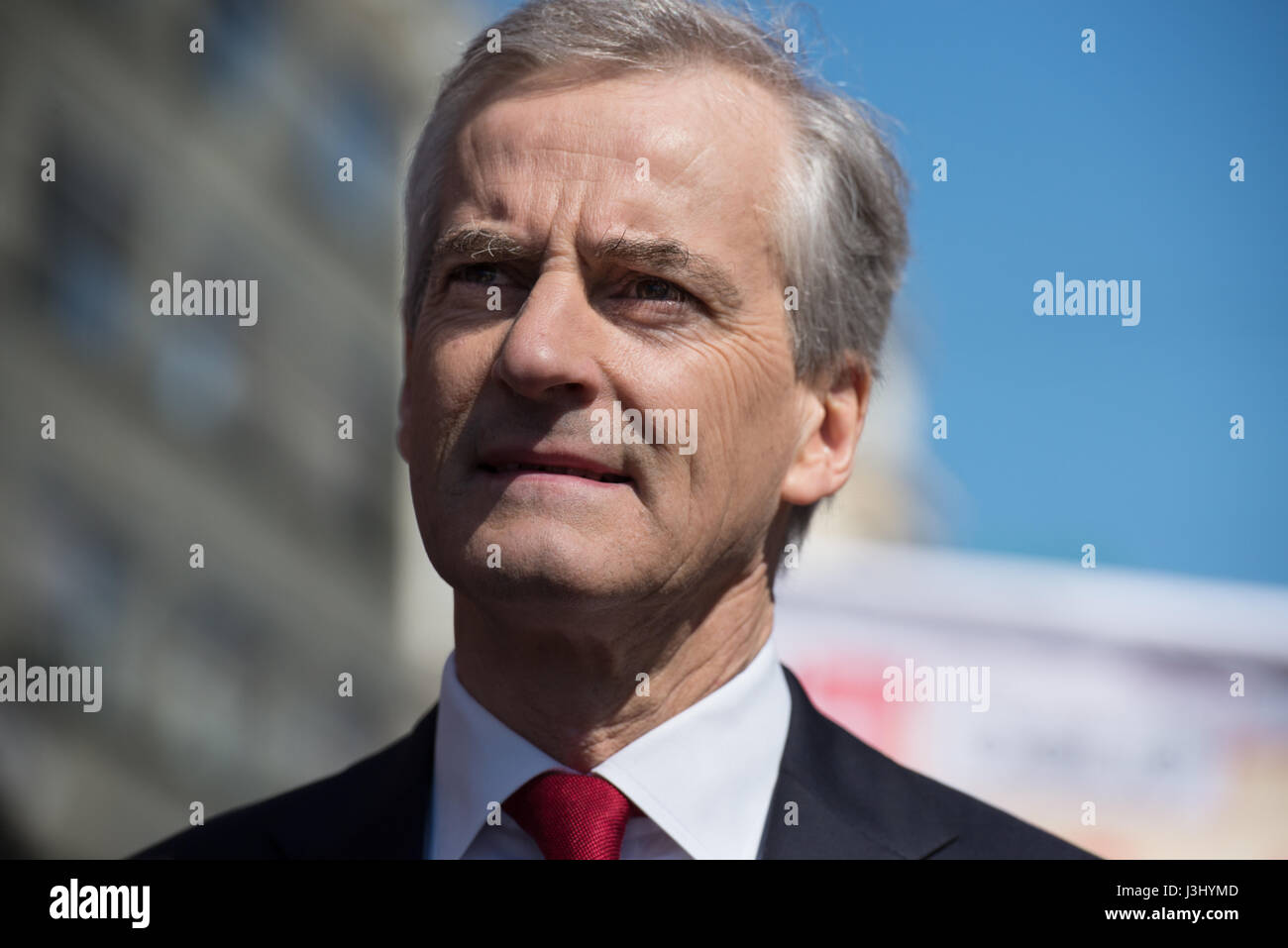 Norwegian Labor Party leader Jonas Gahr Støre attends the annual May Day celebration in Oslo, Norway, May 1, 2017. Gahr Støre could become Norway's next prime minister if his party wins national elections in September. Stock Photo