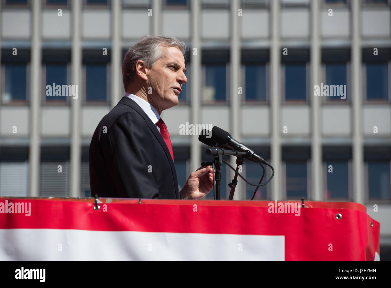 Norwegian Labor Party leader Jonas Gahr Støre attends the annual May Day celebration in Oslo, Norway, May 1, 2017. Gahr Støre could become Norway's next prime minister if his party wins national elections in September. Stock Photo
