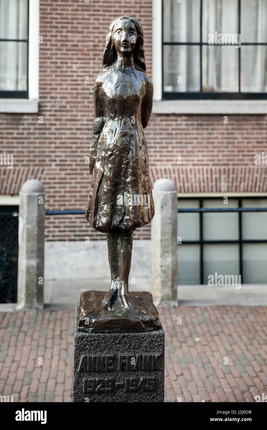 Statue of Anne Frank in Amsterdam, Netherlands. The statue by Dutch sculptor Mari Andriessen near Westerkerk church. Stock Photo