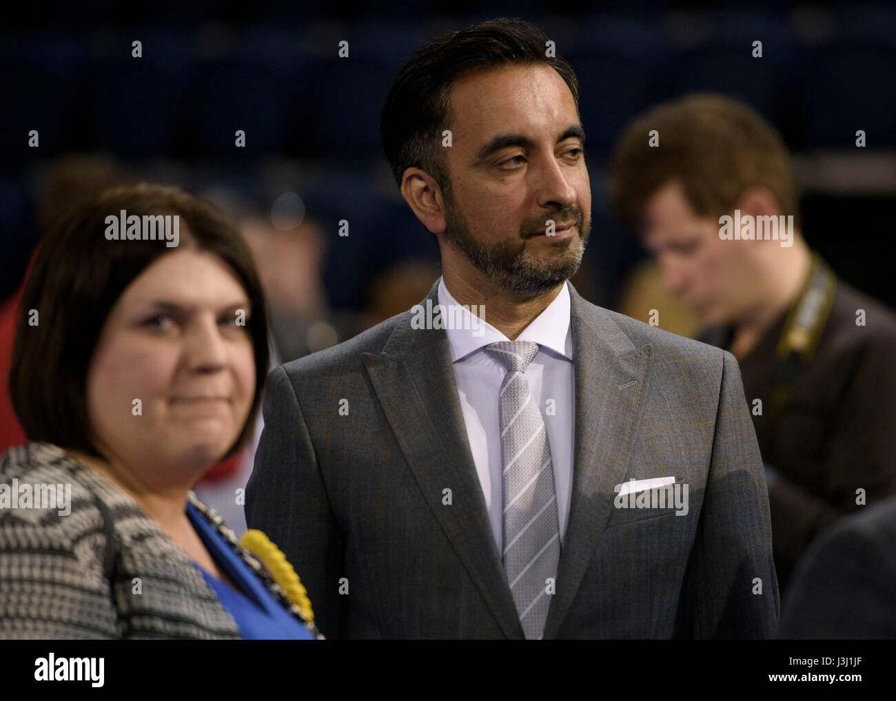 Humza Haroon Yousaf, SNP politician and the Scottish Government Minister for transport and the Islands with Susan Aitken SNP (left) as the results of the local elections are announced at the Emirates Stadium in Glasgow. Stock Photo