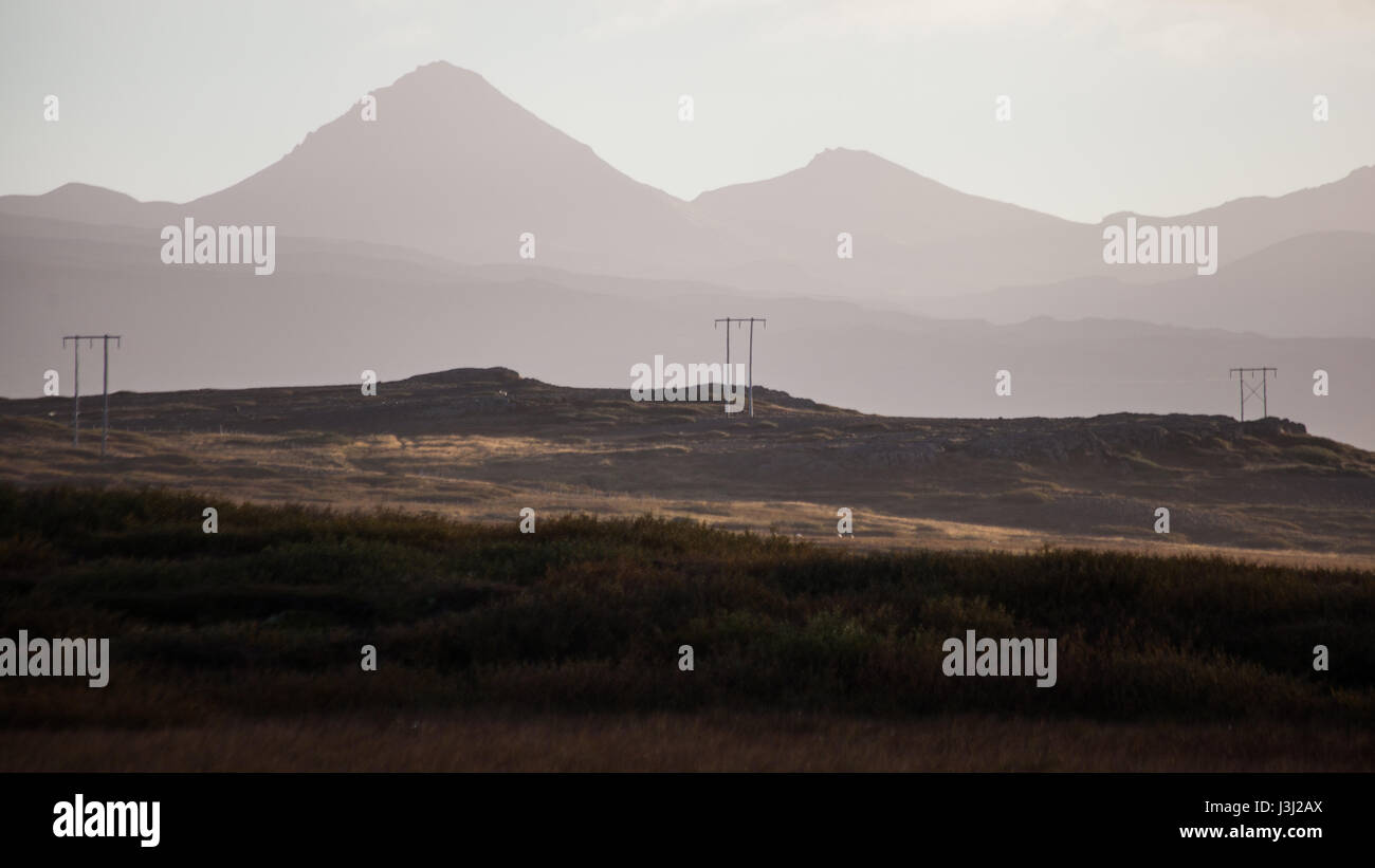 Beautiful landscape in Iceland. Countryside with light and mountain range. Stock Photo