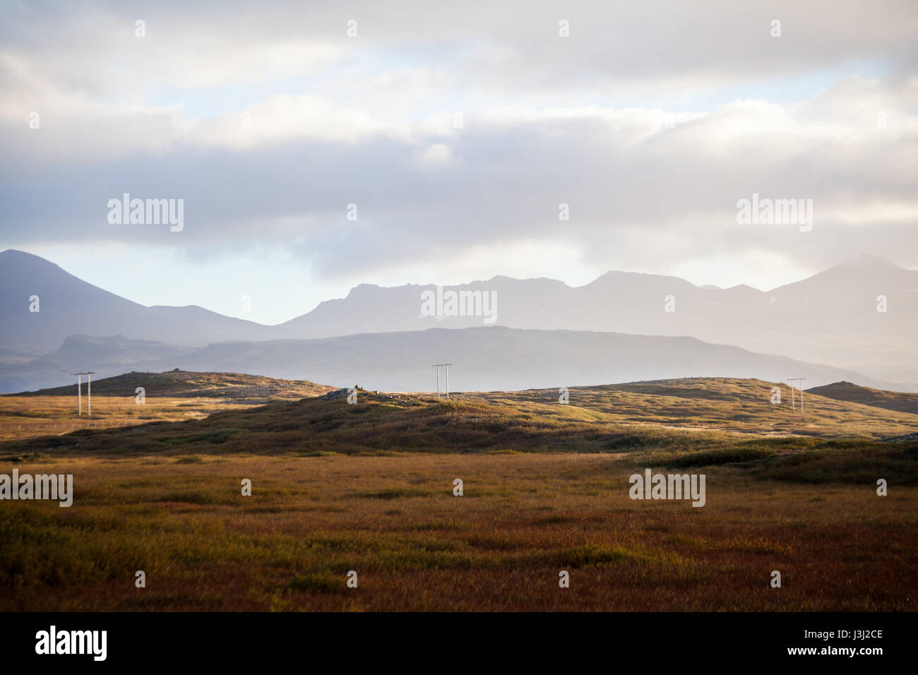 Beautiful landscape in Iceland. Countryside with light and mountain range. Stock Photo