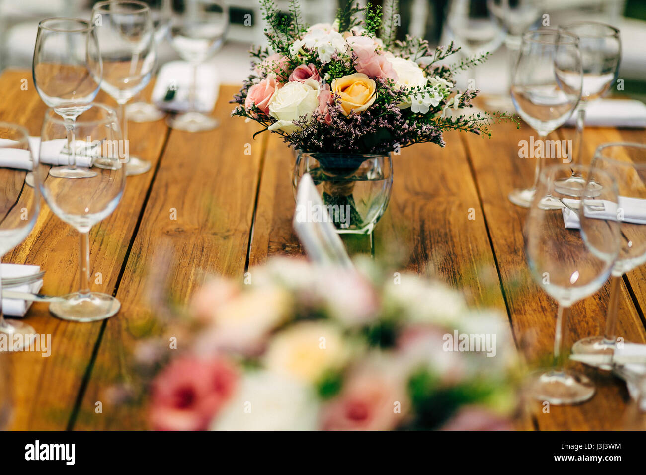 Luxury Table setting.  Design details of luxury events. Things like beautiful table setting ready for the event. Stock Photo