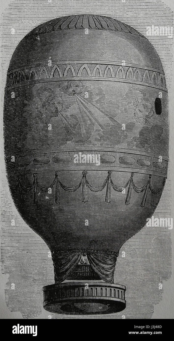 Transport. 18th century. Hot-air balloon flight. Engraving, 19th century. France. Stock Photo