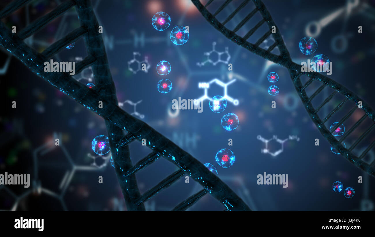 double helix dna and cells on the background Stock Photo
