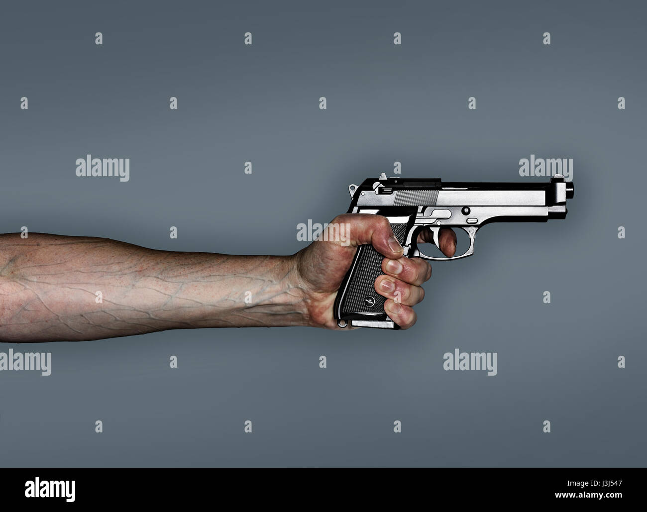 Hand holding pistol, tightly gripping the gun with veins bulging in arm