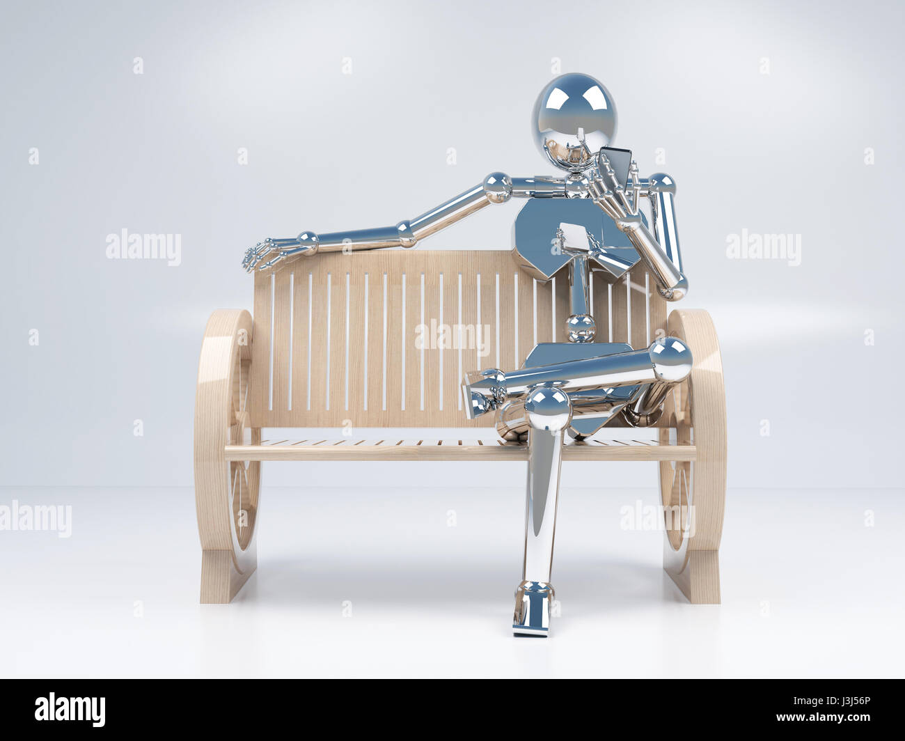 metal chrome robotic holding mobile phone in hand and sitting on the wood bench on white background Stock Photo