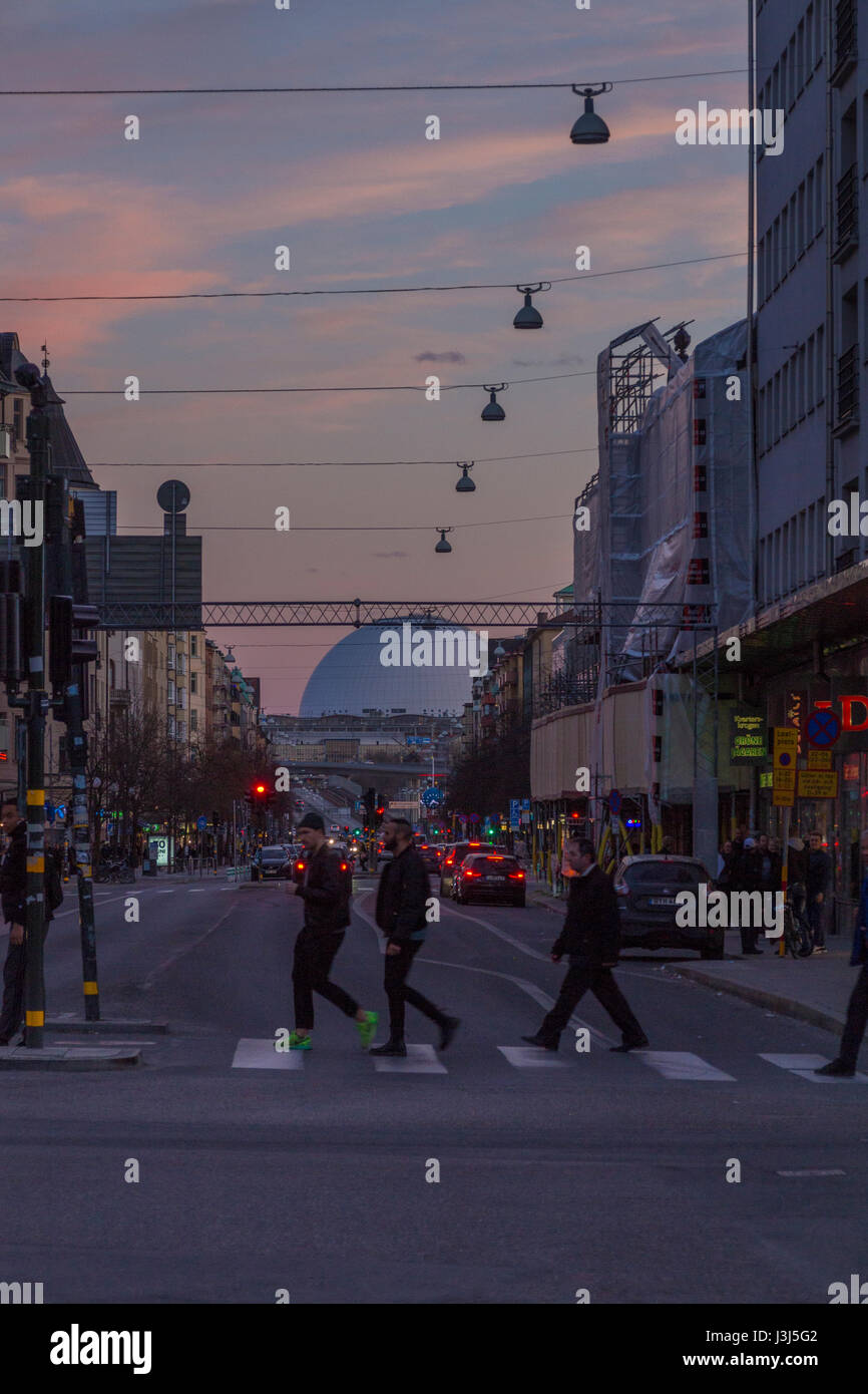 Sunset on Götgatan, Stockholm with the Globe Arena in the background Stock Photo