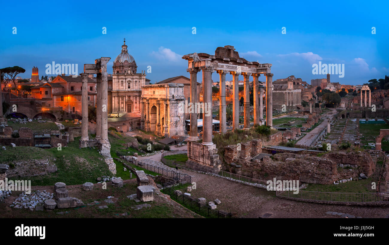 Panorama of Roman Forum (Foro Romano) in the Evening, Rome, Italy Stock Photo