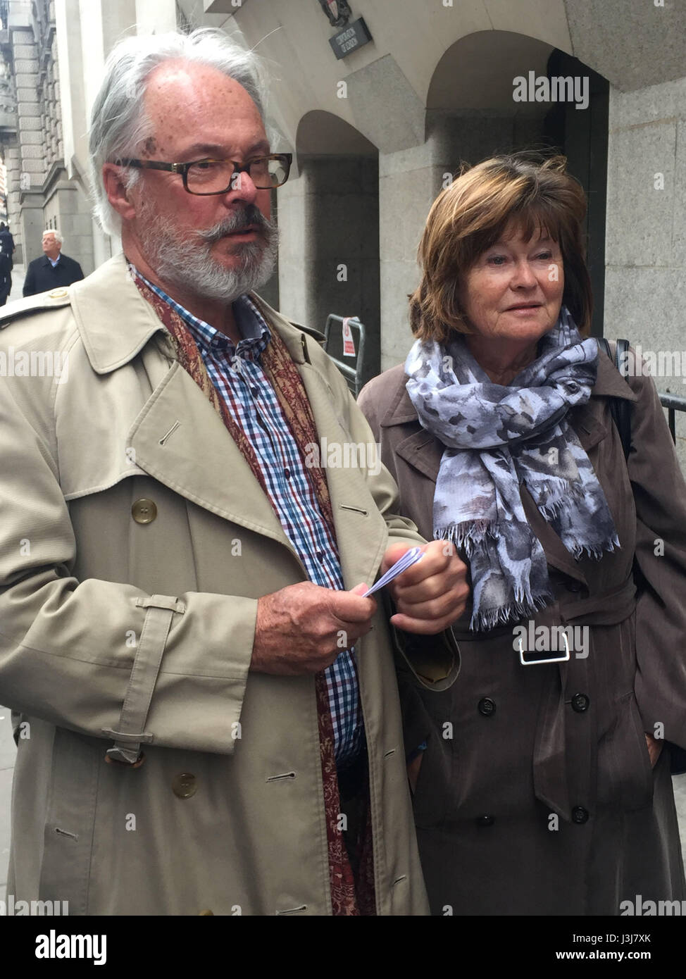 Amanda Telfer's parents Barry and Ann Telfer speak to the media outside the Old Bailey in London after a construction boss was jailed for a year for gross negligence over the 'wholly needless' death of the lawyer crushed by half-tonne windows. Stock Photo