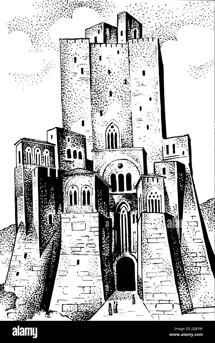 medieval hand drawn city with castle and wall european or italian town vintage illustration, ink. Stock Photo