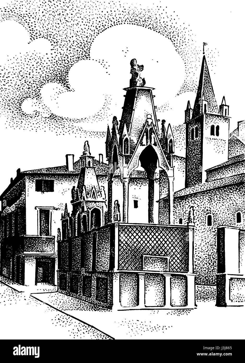 medieval hand drawn city with castle and wall european or italian town vintage illustration, ink. Stock Photo