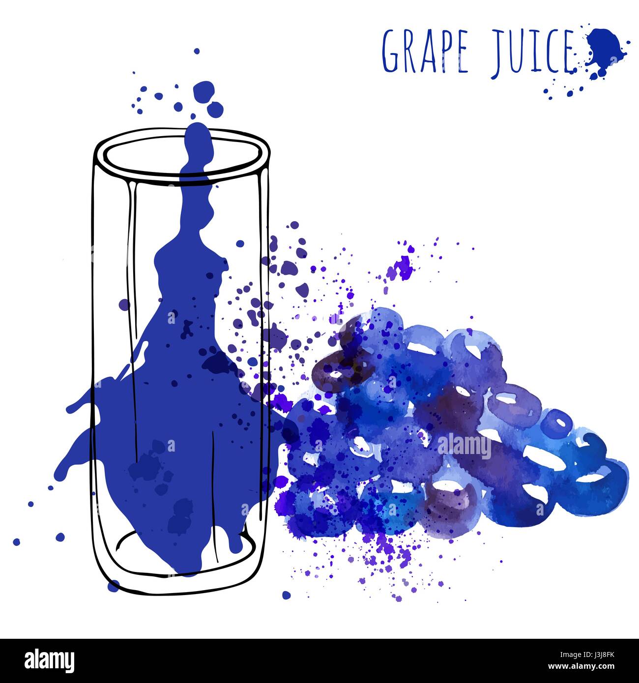 Grape juice in glass and grapevine vector illustration. Watercolor