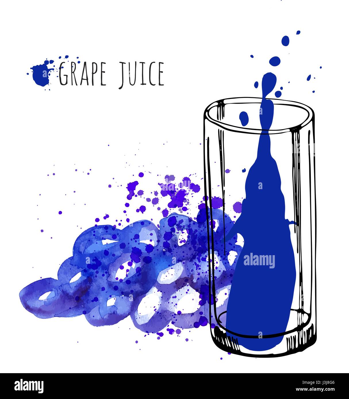 Grape juice in glass and grapevine vector illustration. Watercolor