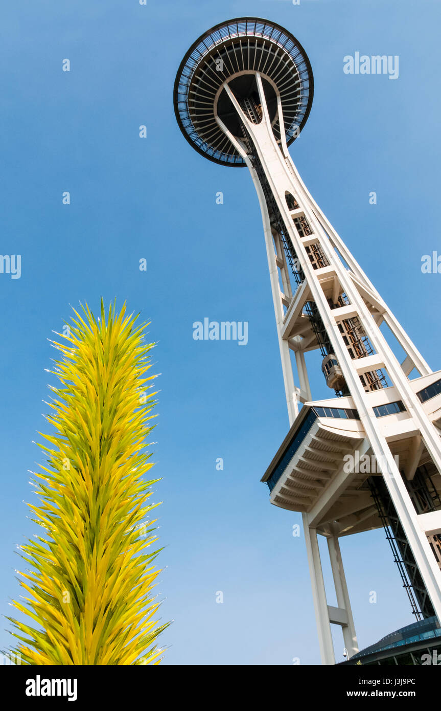 The Seattle Space Needle seen from Chihuly Garden & Glass in the Seattle Center. Stock Photo