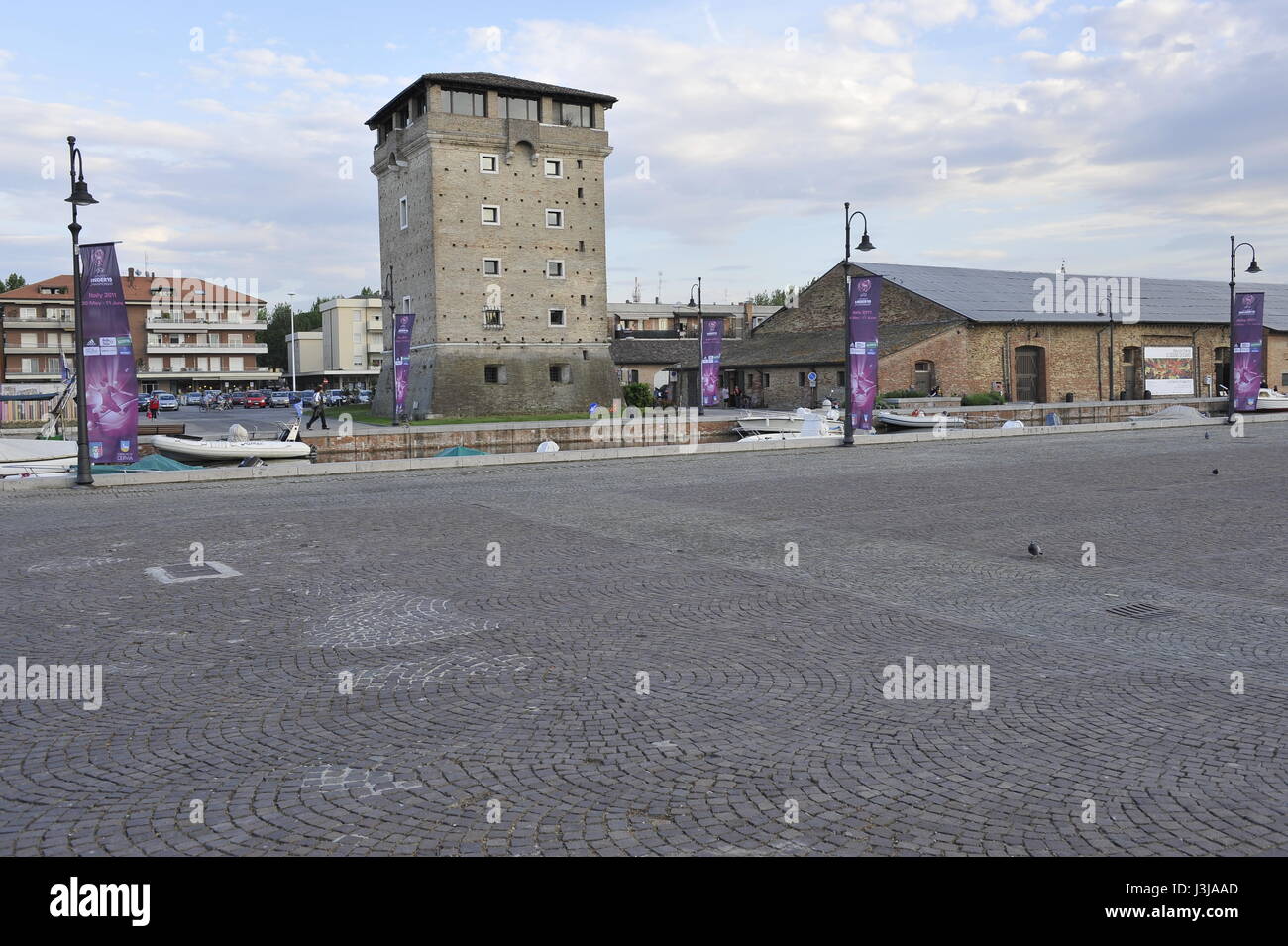 San Michele tower and the old salt deposit and Salt Museum, Cervia, Emilia Romagna, Italy Stock Photo