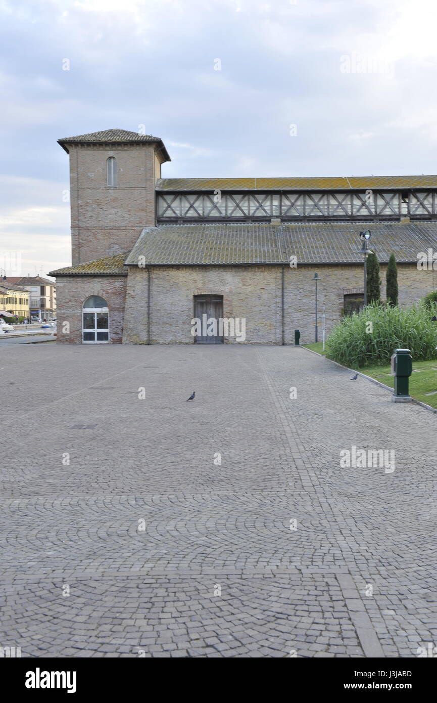 San Michele tower and the old salt deposit and Salt Museum, Cervia, Emilia Romagna, Italy Stock Photo