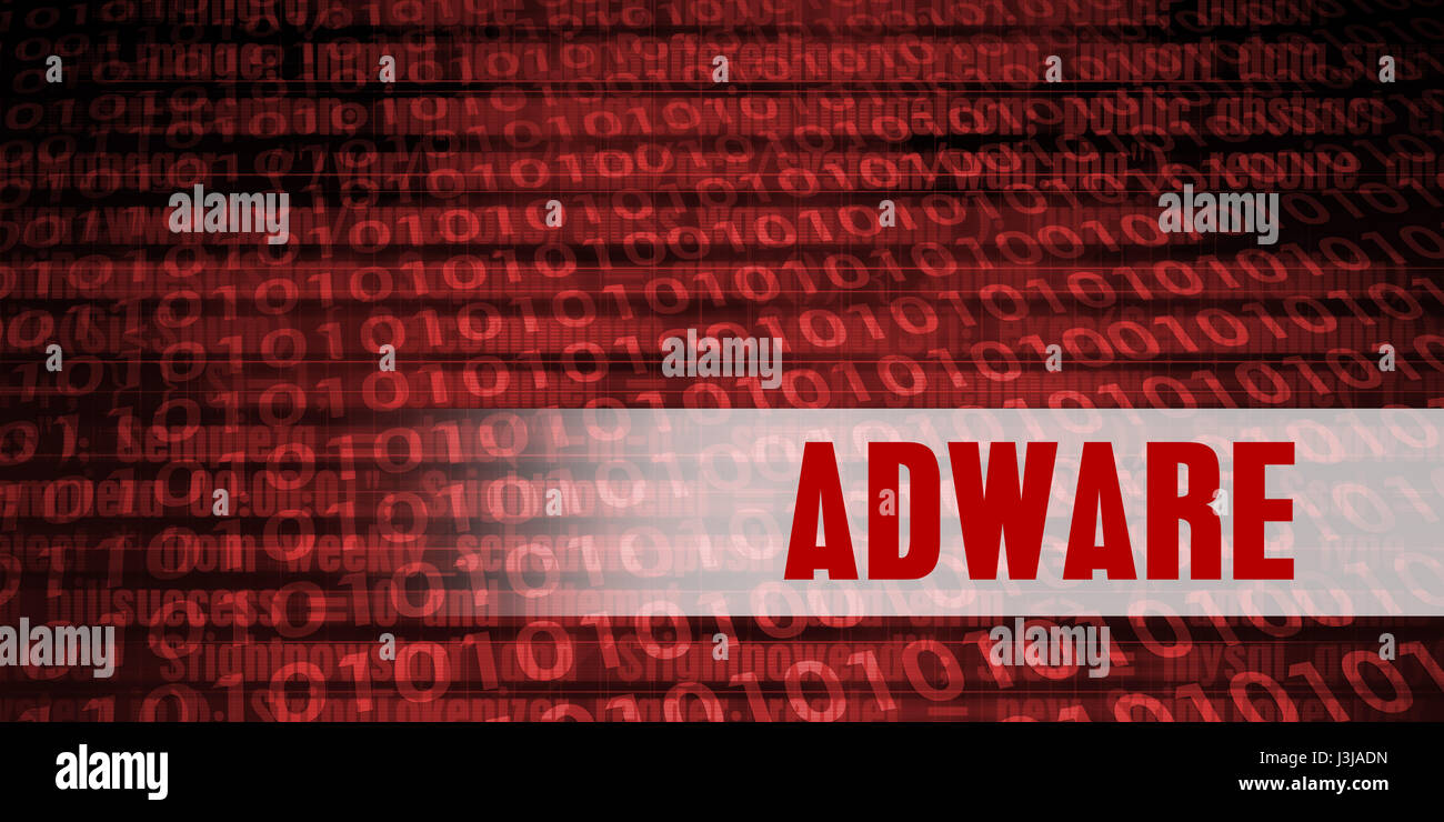 Adware Security Warning on Red Binary Technology Background Stock Photo