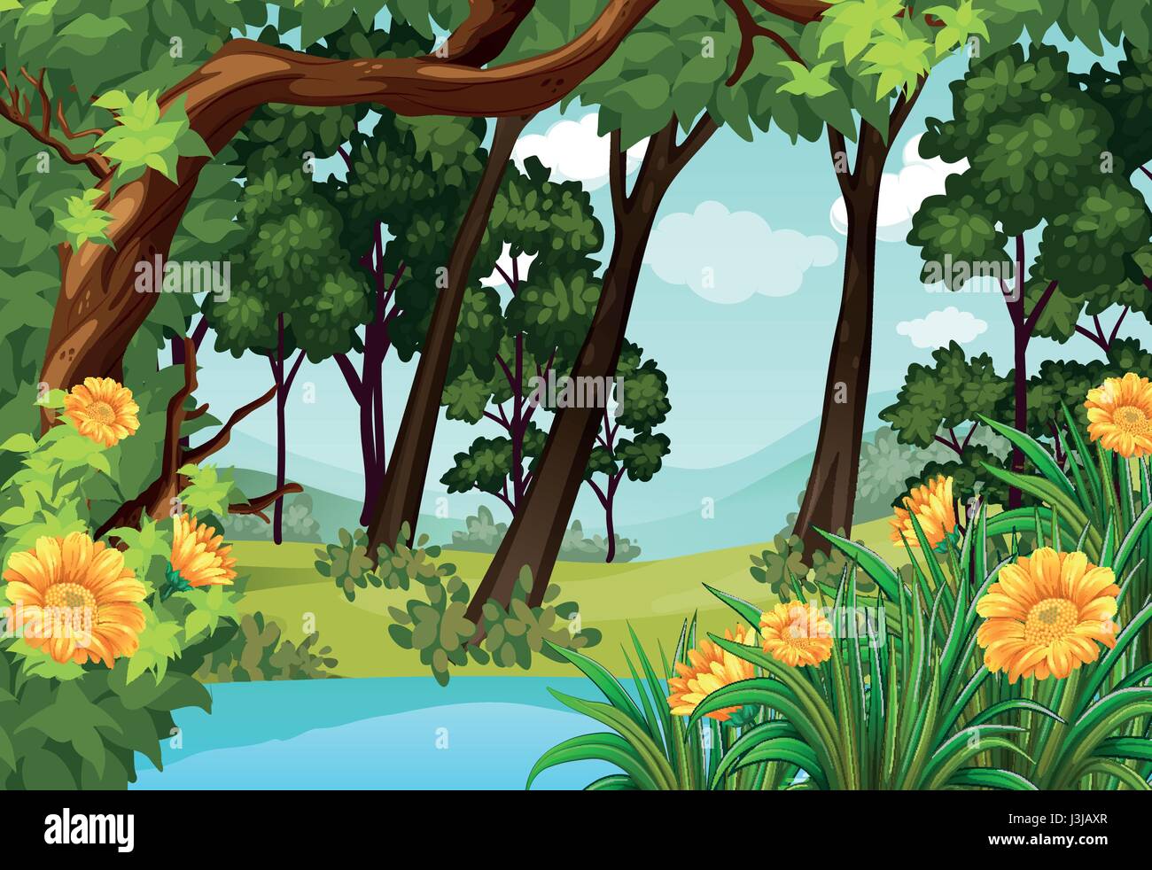 Forest scene with trees and pond illustration Stock Vector Image & Art ...