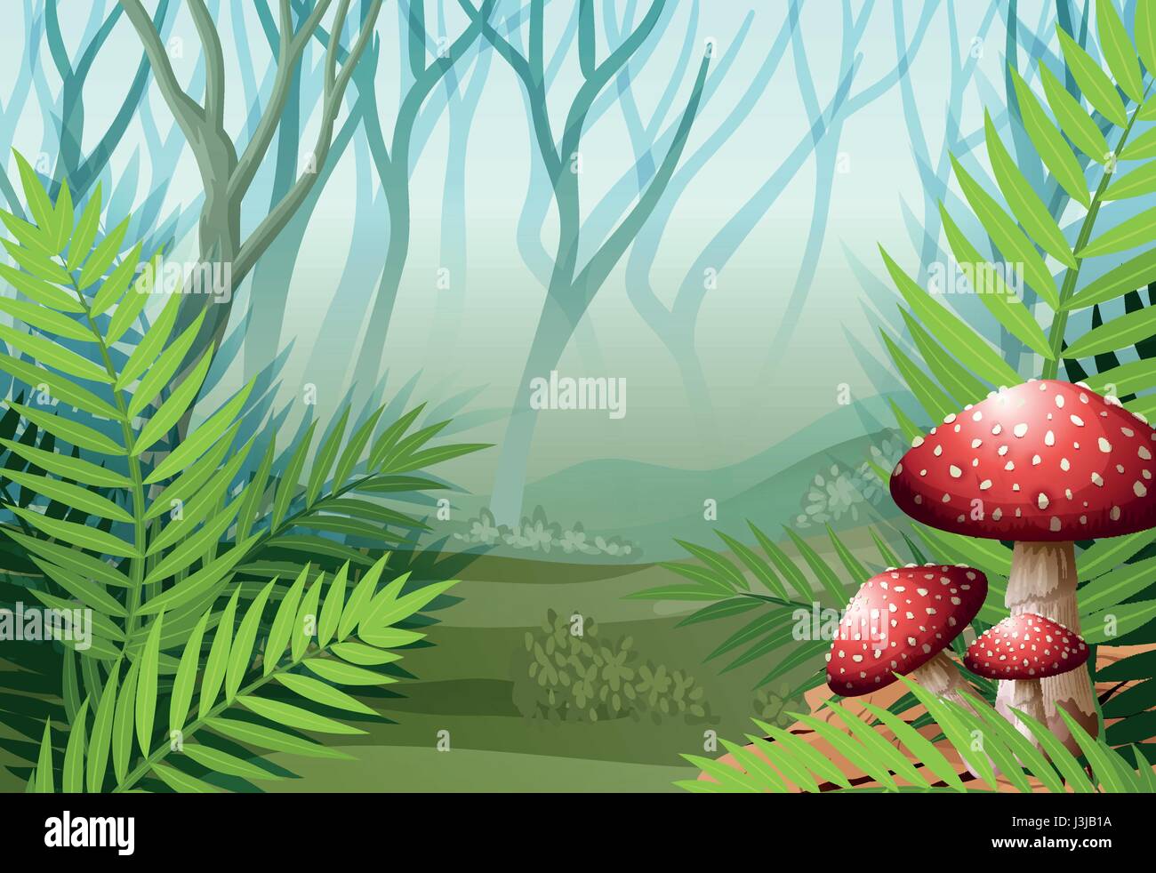 Forest scene with fog on the grass illustration Stock Vector