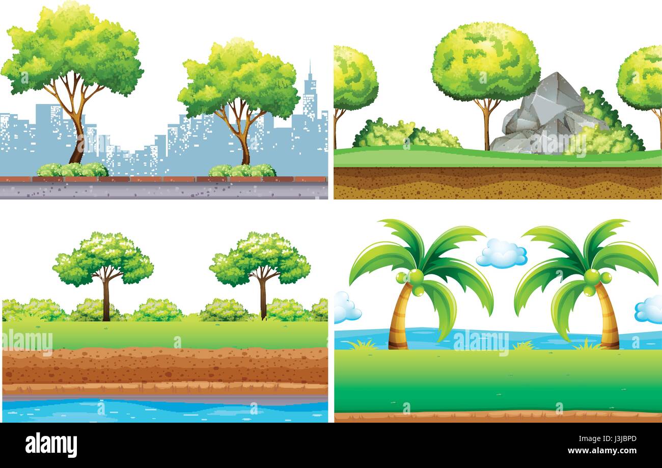 Four seamless background design with green trees illustration Stock ...