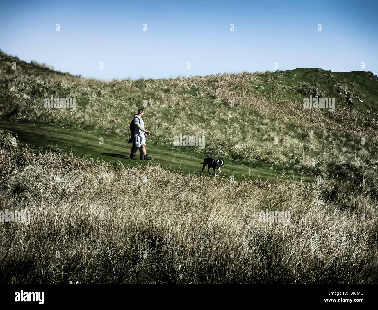 Walkers on hillside Stock Photo