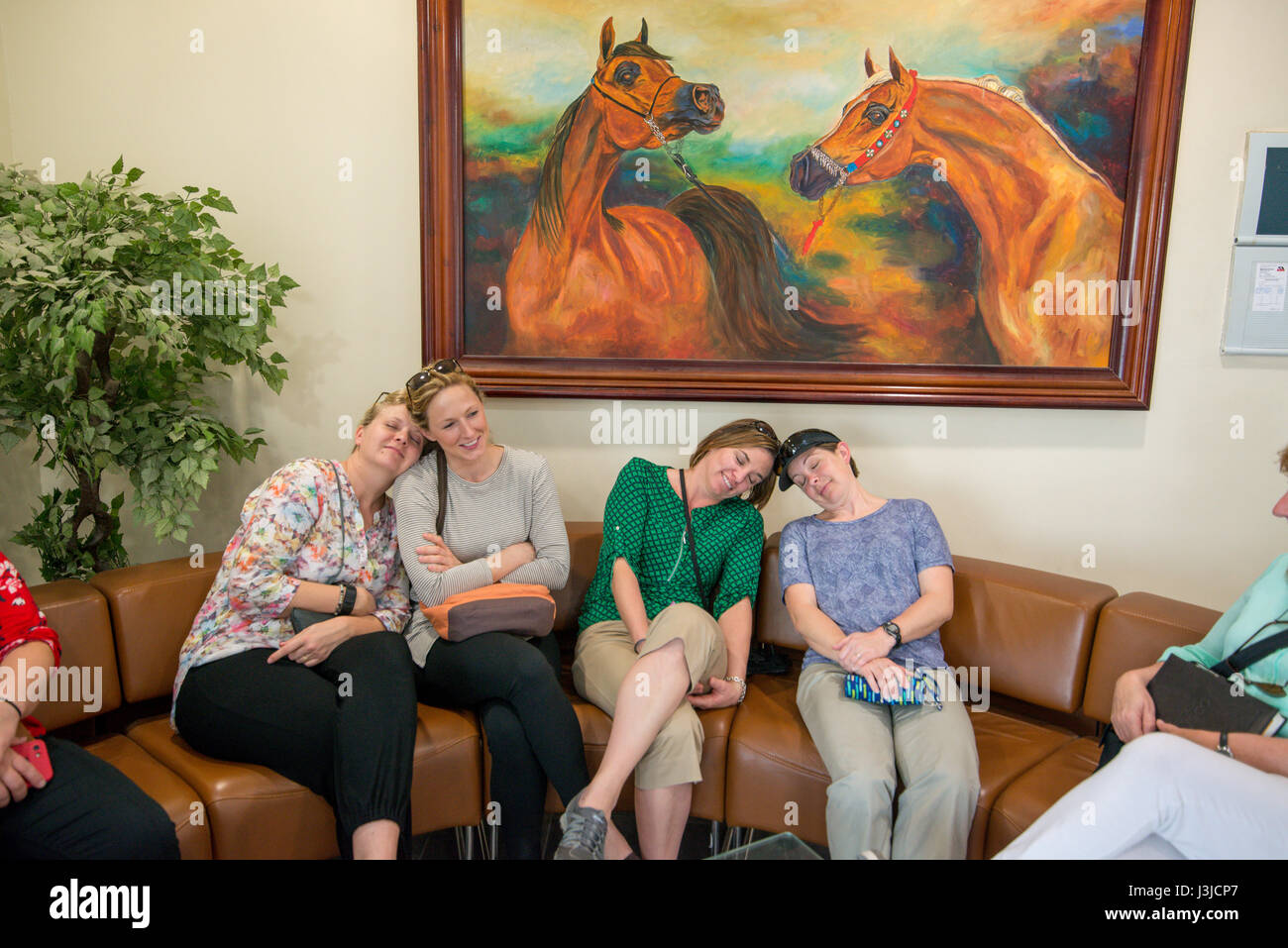 United Arab Emirates - Women lean on each other in Sharjah Equestrian Club Stock Photo