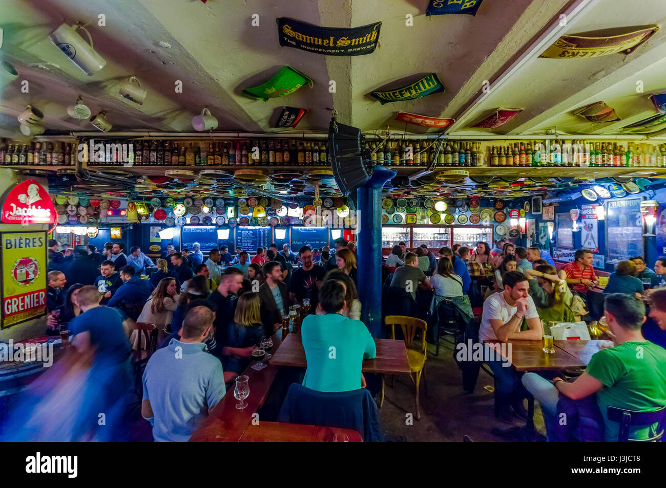 BRUSSELS, BELGIUM 11 AUGUST, 2015 Famous Delirium Bar inside overview of crowded room of