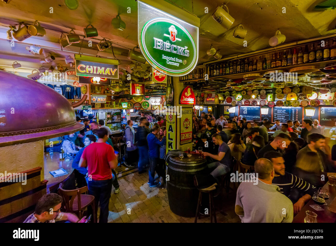 BRUSSELS, BELGIUM 11 AUGUST, 2015 Famous Delirium Bar inside overview of crowded room of