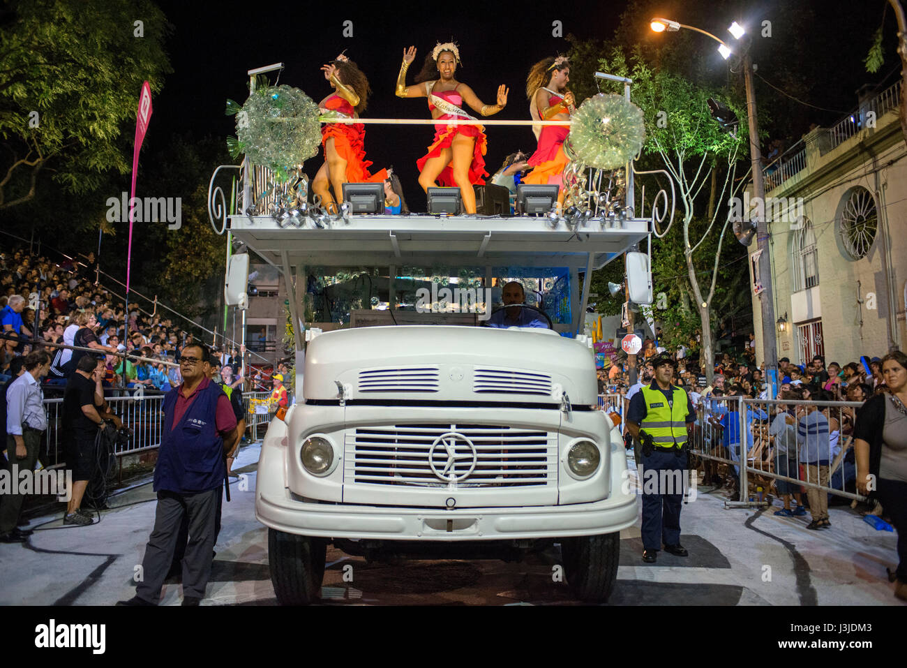 Traditional Murgas and samba schools during the Llamadas (the calling) procession that officially starts the carnival in Montevideo, Uruguay. Is the l Stock Photo