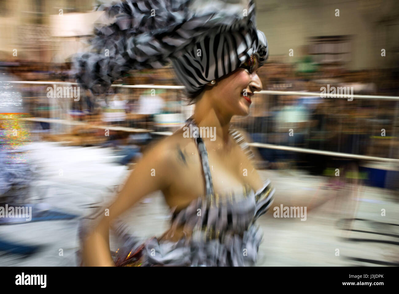 Traditional Murgas and samba schools during the Llamadas (the calling) procession that officially starts the carnival in Montevideo, Uruguay. Is the l Stock Photo