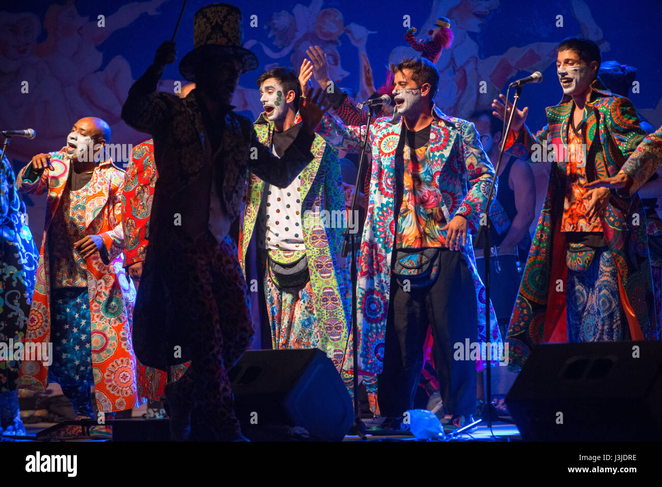 Falta y resto Murga group perfrom in the Teatro de Verano Summer Theater competence in Montevideo Uruguay during carnival. Stock Photo