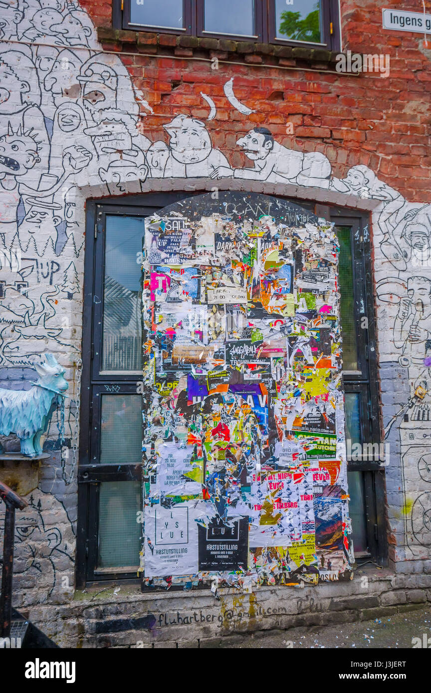 OSLO, NORWAY - 8 JULY, 2015: Graffiti street art on the walls of buildings in popular artistic area Brenneriveien at Grunerlokka. Stock Photo