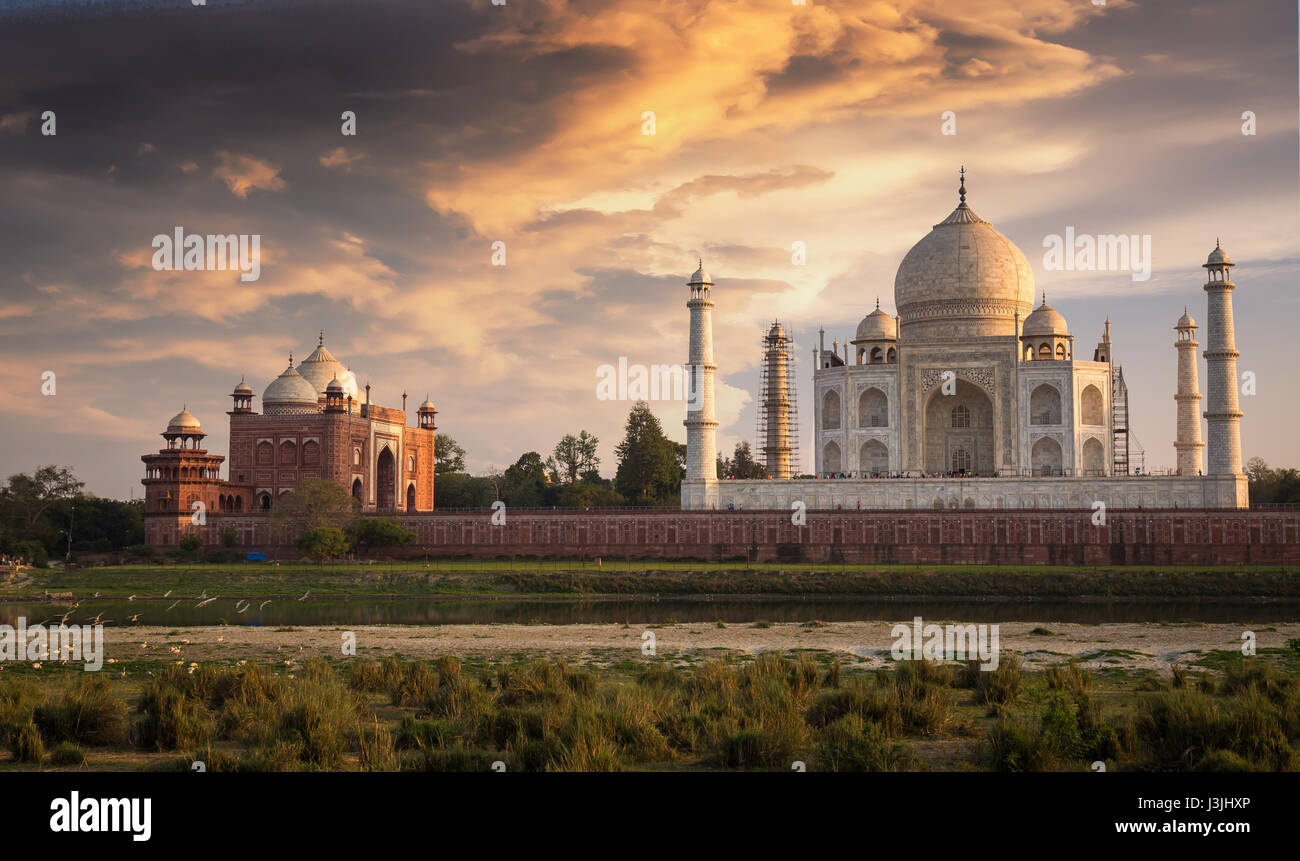 Taj Mahal sunset view from the banks of Yamuna river. Taj Mahal is a