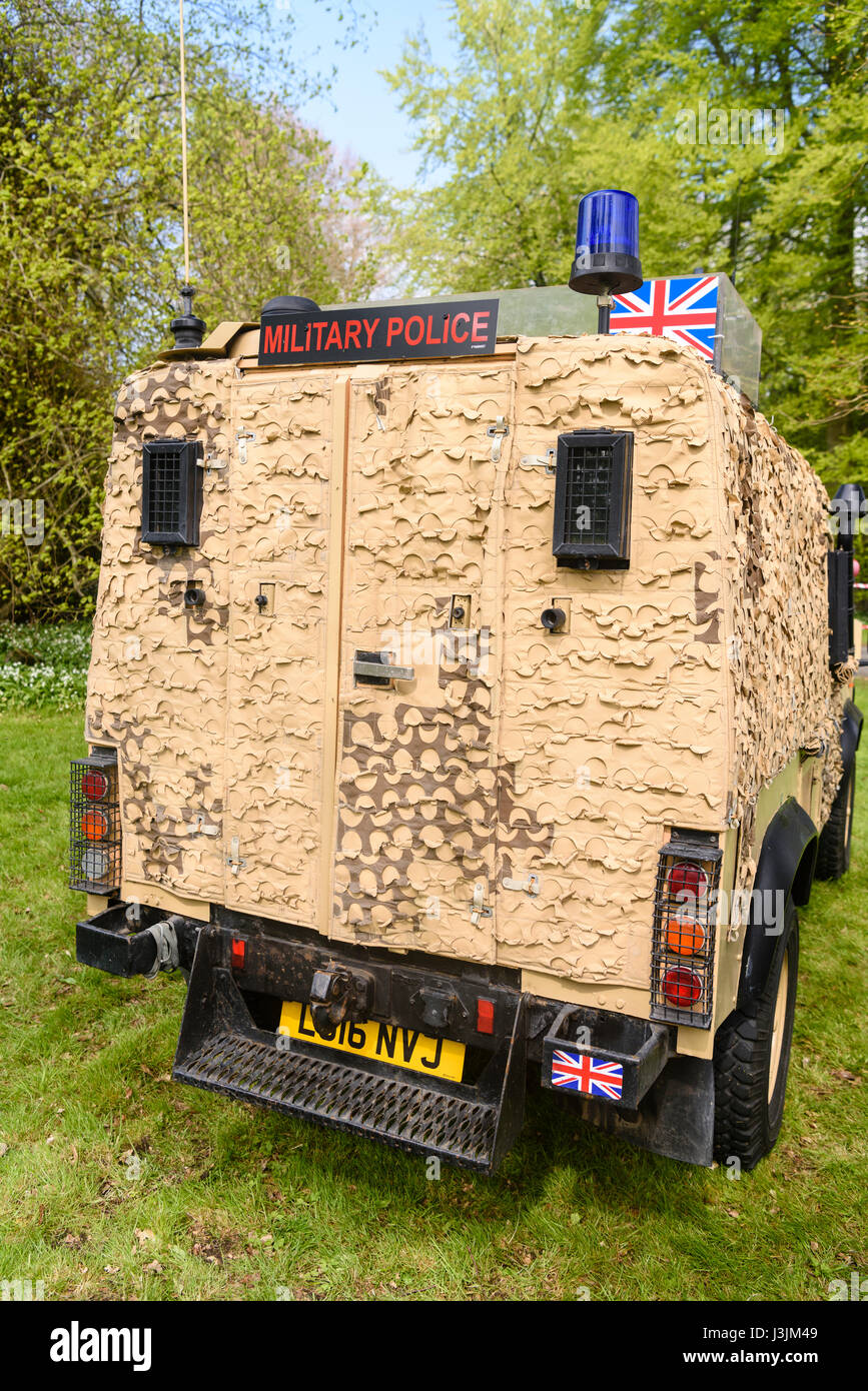 British army military police landrover with desert camouflage. Stock Photo