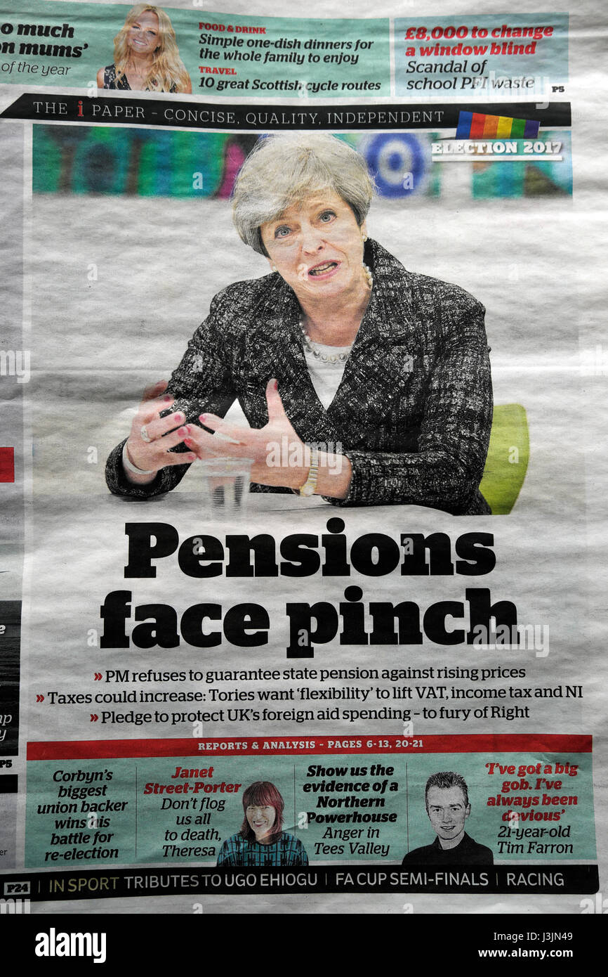 Prime Minister Theresa May on front page of the i Weekend newspaper headline 'Pensions face pinch' 23 April 2017 London UK Stock Photo
