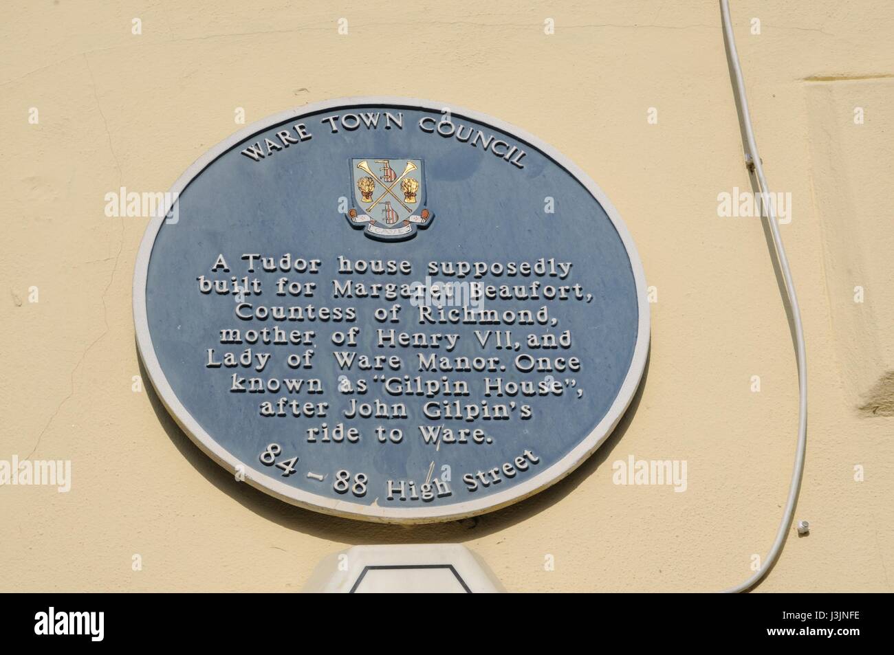 Plaque on 84-88 High Street,  Ware, Hertfordshire. “Gilpin House” is a reminder of John Gilpin’s ride in William Cowper’s poem Stock Photo