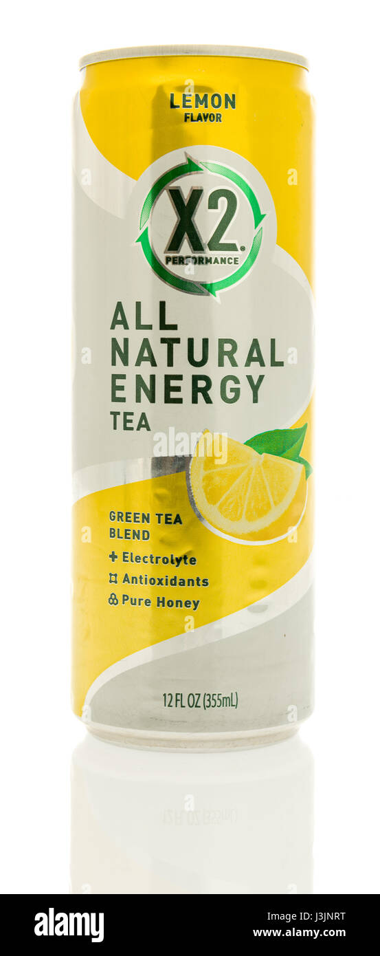 Winneconne, WI - 26 April 2017: A can of X2 performance all natural energy drink in lemon flavor on an isolated background. Stock Photo