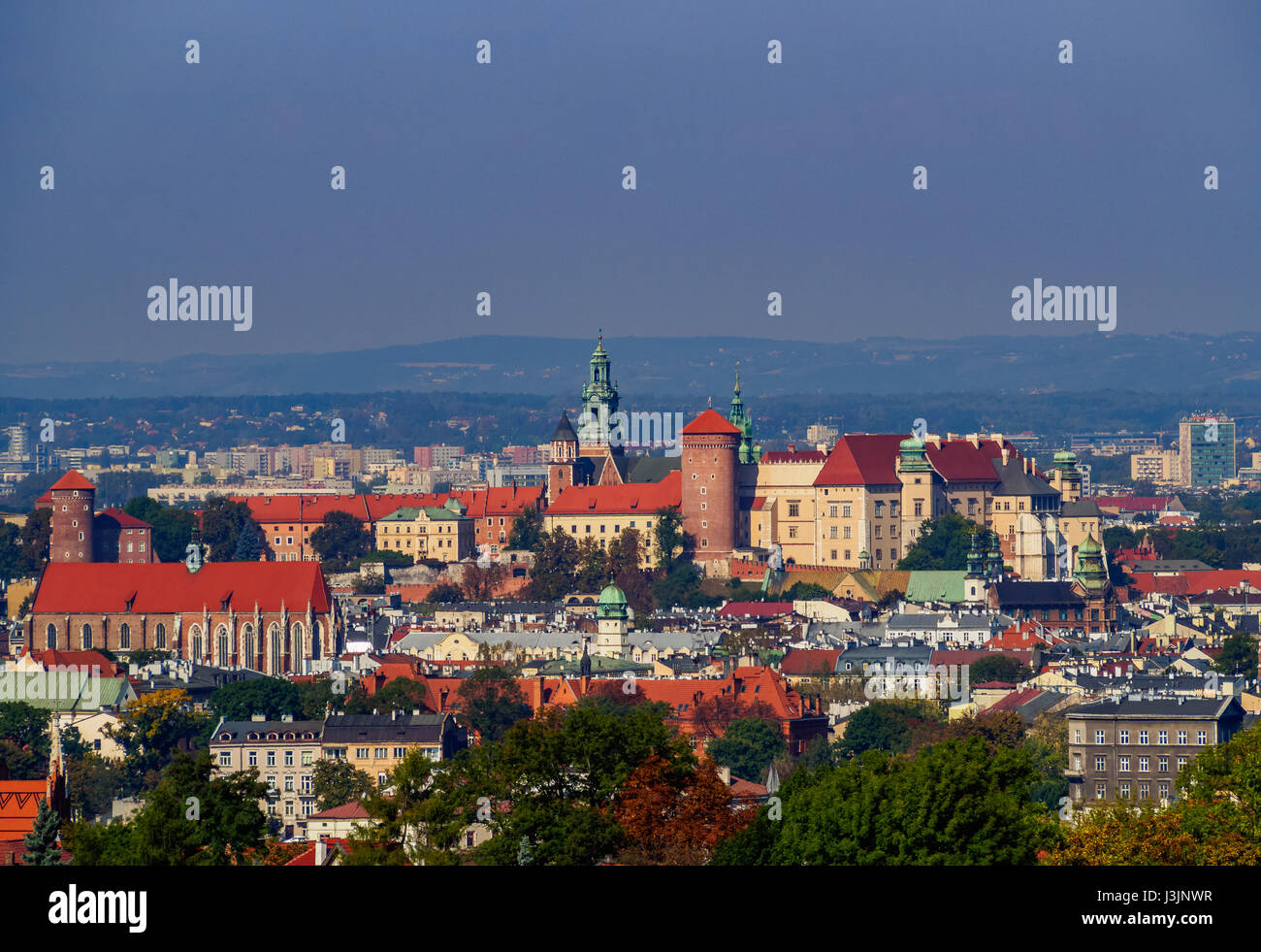 Poland, Lesser Poland Voivodeship, Cracow, Skyline viewed from the Krakus Mound Stock Photo