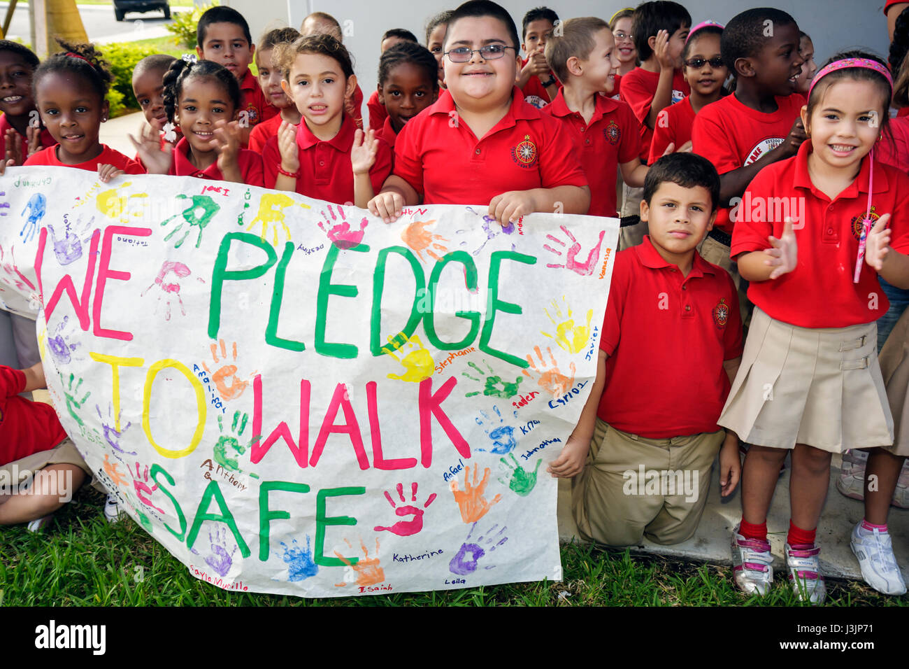 Miami Florida,Spanish Lake Elementary School,International Walk to School Day,student students education pupil youth,safety poster contest,parade,mult Stock Photo