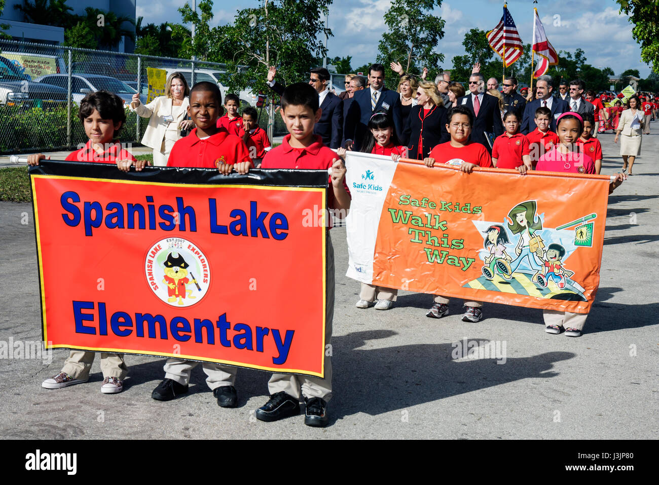 Miami Florida,Spanish Lake Elementary School,International Walk to School Day,student students pupil safety poster contest,parade,multicultural,Black Stock Photo