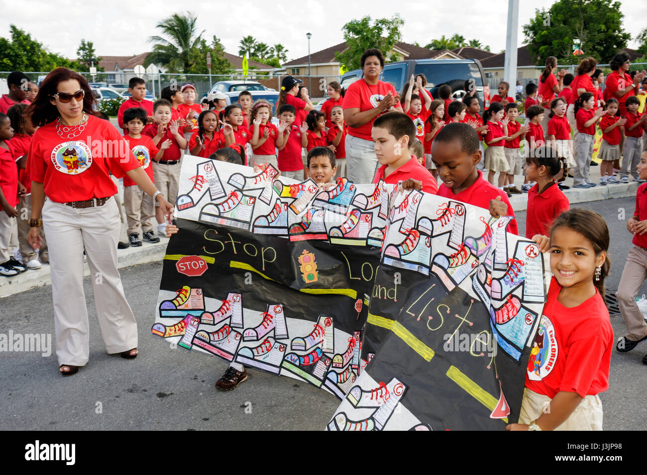Miami Florida,Spanish Lake Elementary School,International Walk to School Day,student students education pupil youth,safety poster contest,parade,Hisp Stock Photo