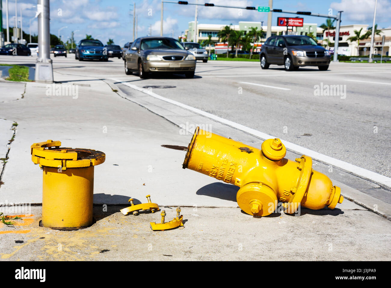Miami Florida NW 183rd Street infrastructure broken fire hydrant Stock