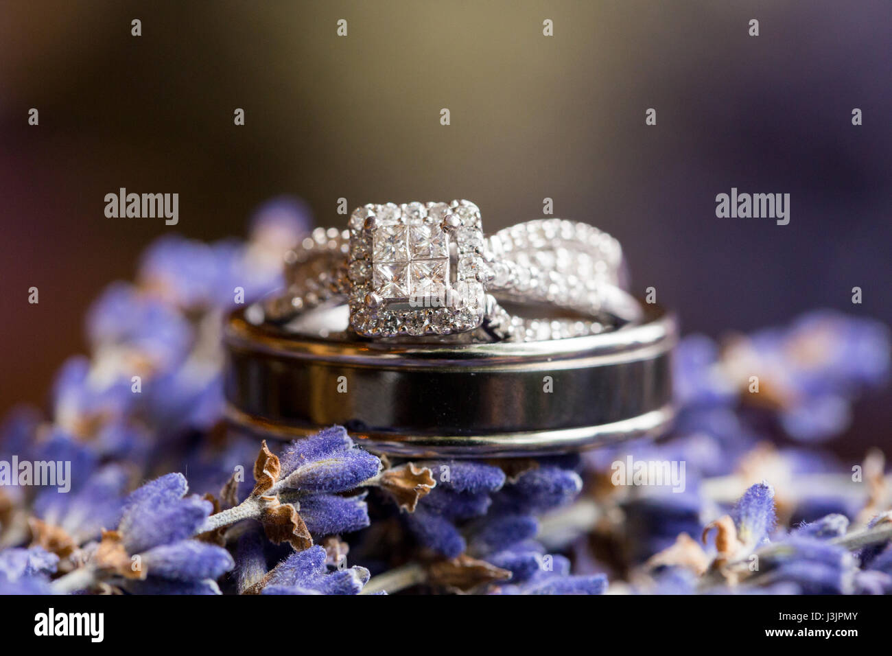 Wedding Rings on Lavendar Flowers Stock Photo