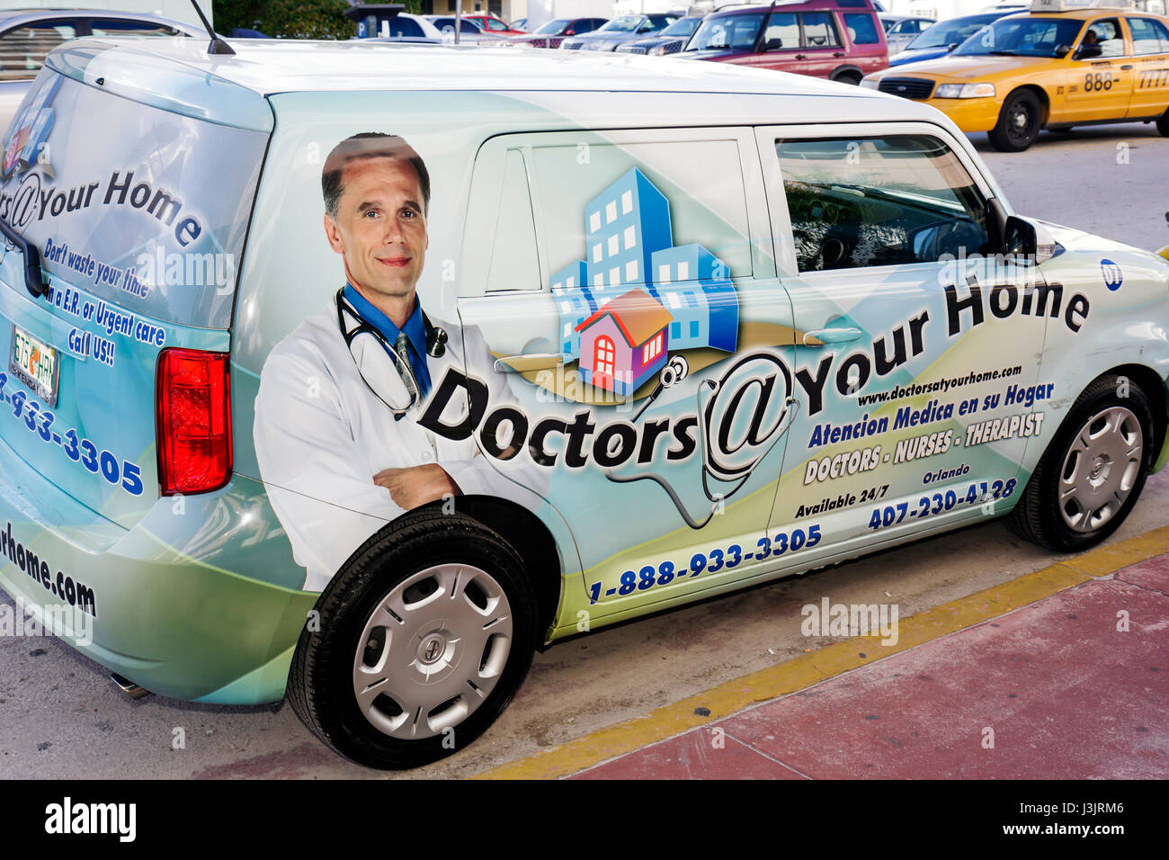 Miami Beach Florida,Ocean Drive,van,ad,advertising,ad,healthcare,Doctors at @ Your Home,health care,physician house call,medical visit,ad,advertising, Stock Photo