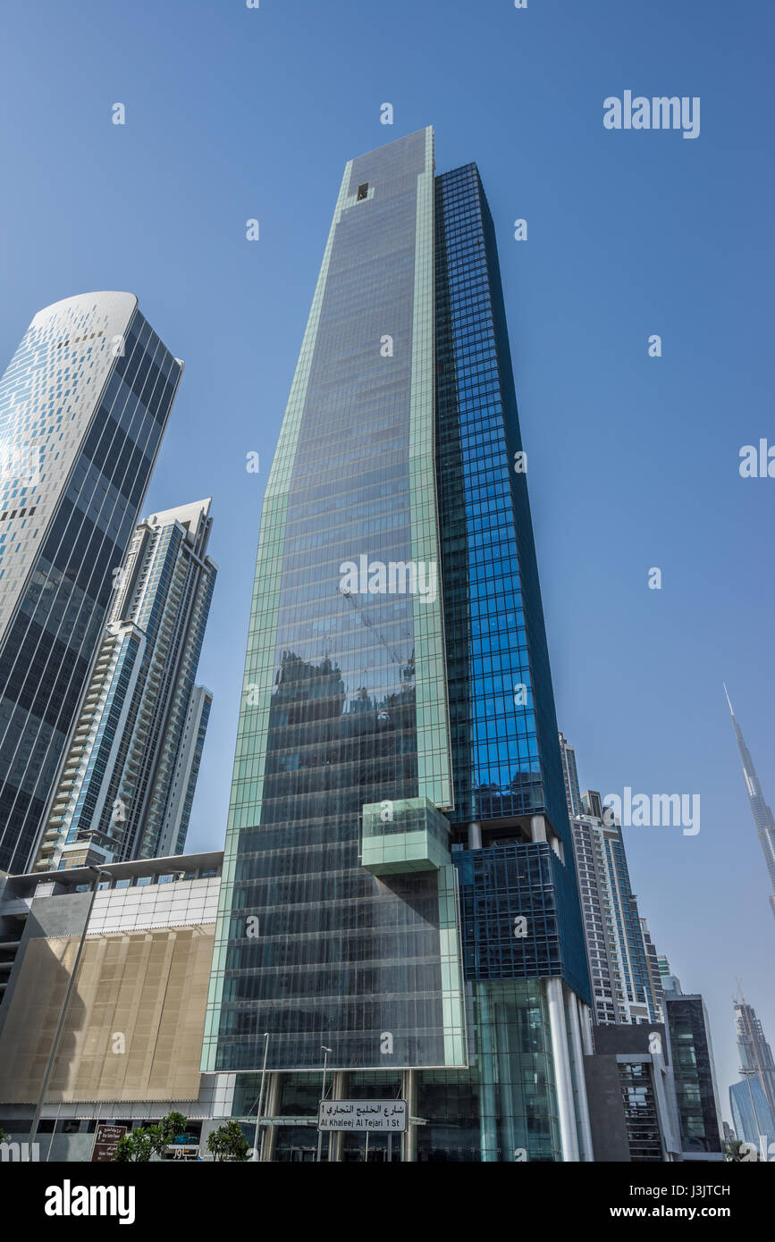 Street level view of Vision Tower, The Bay Gate Tower, and Tower M - Executive Towers. Located in Al Khaleej Al Thejari street, B Stock Photo
