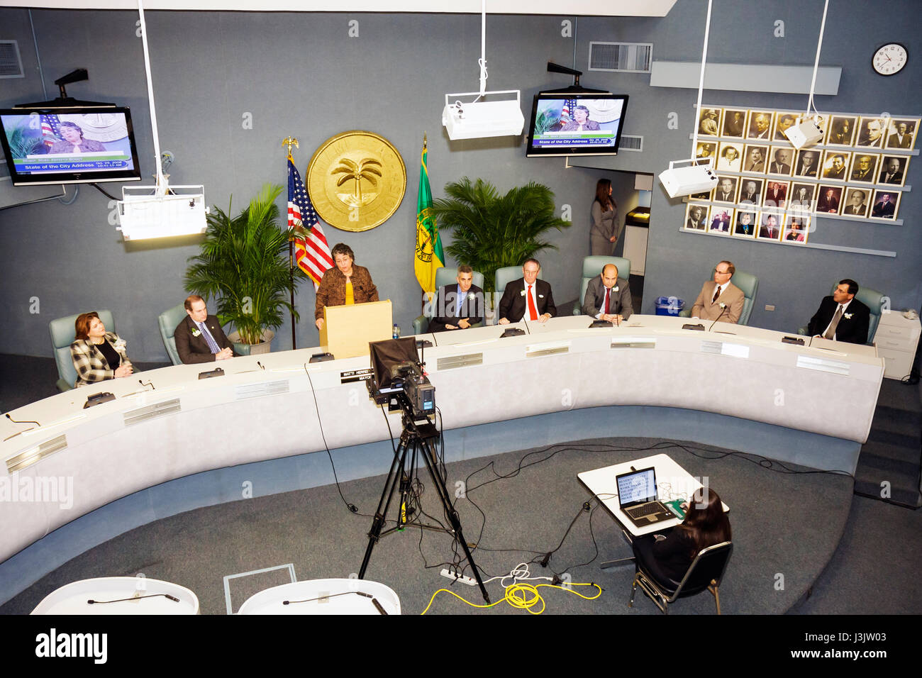 Miami Beach Florida,City Hall,building,State of the City Address,Commission Chambers,Mayor Matti Herrera Bower,municipal government,commissioners,cham Stock Photo