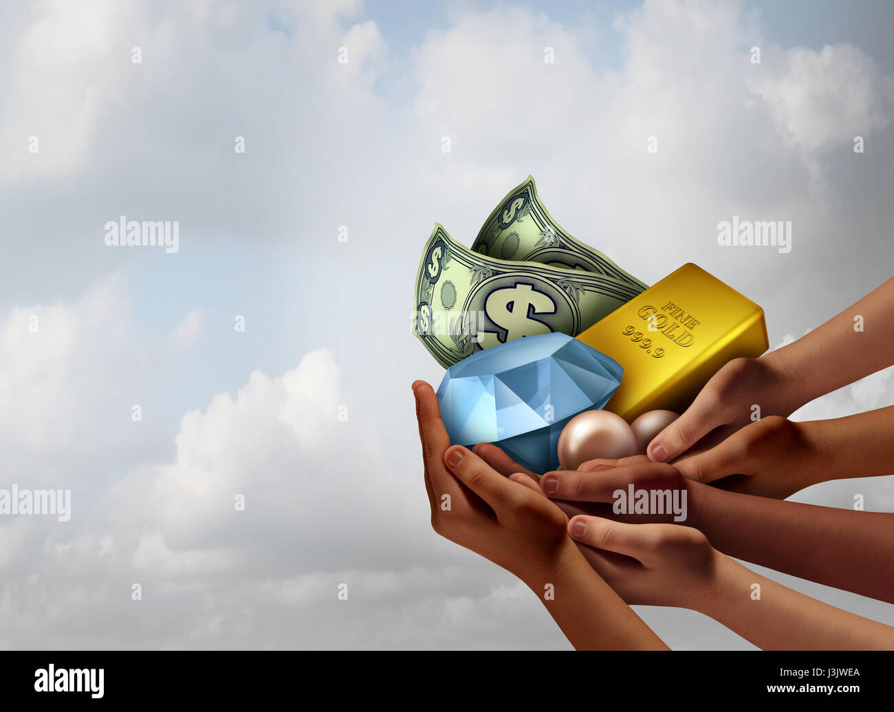Community wealth and prosperity economic symbol as a group of diverse hands holding a diamond gold pearls and money as a financial. Stock Photo