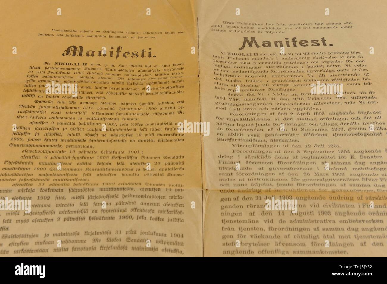 The tzar Nicholas ll's manifesto on 04 October, 1905, published by the constutional strike committee, in Finnish and in Swedish. The committee didn't  Stock Photo